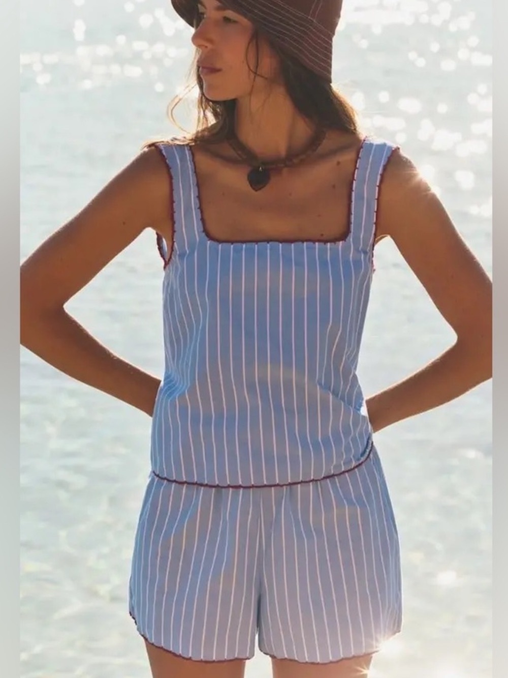 Sézane Clementina Blue Stripe Contrast Trim Sleeveless Blouse FR 38 US 6